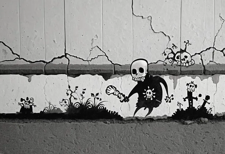 graffiti on a crumbling and cracked old wall with weather old paint of a black and white line drawing of a skelewag style, skelewag strigoi, <lora:Skelewags_Style_XL:1>