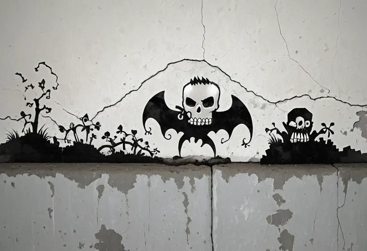 graffiti on a crumbling and cracked old wall with weather old paint of a black and white line drawing of a skelewag style, skelewag manananggal, <lora:Skelewags_Style_XL:1>