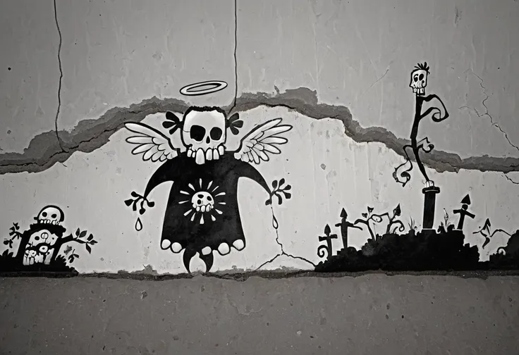 graffiti on a crumbling and cracked old wall with weather old paint of a black and white line drawing of a skelewag style, skelewag angel, <lora:Skelewags_Style_XL:1>