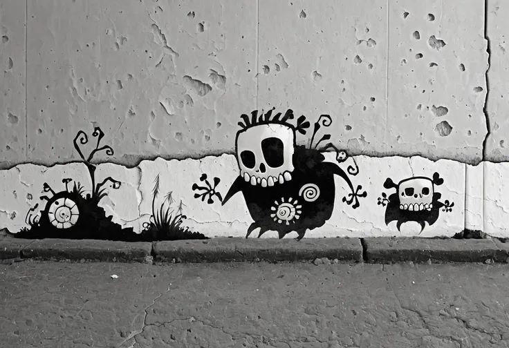 graffiti on a crumbling and cracked old wall with weather old paint of a black and white line drawing of a skelewag style, skelewag cyclope, <lora:Skelewags_Style_XL:1>