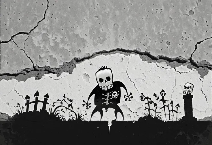 graffiti on a crumbling and cracked old wall with weather old paint of a black and white line drawing of a skelewag style, skelewag baal, <lora:Skelewags_Style_XL:1>