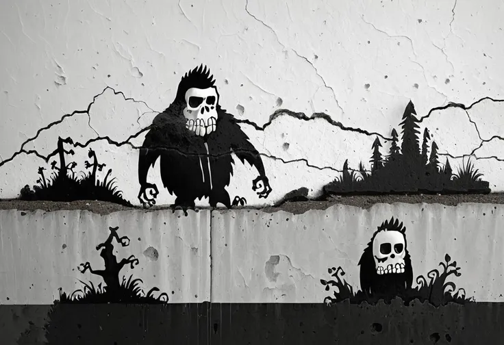 graffiti on a crumbling and cracked old wall with weather old paint of a black and white line drawing of a skelewag style, skelewag sasquatch, <lora:Skelewags_Style_XL:1>