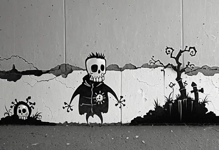 graffiti on a crumbling and cracked old wall with weather old paint of a black and white line drawing of a skelewag style, skelewag shellycoat, <lora:Skelewags_Style_XL:1>