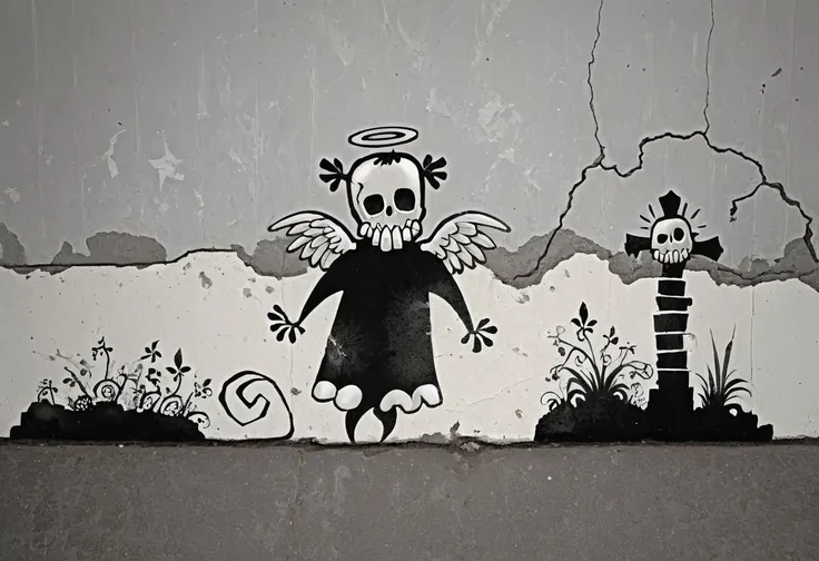 graffiti on a crumbling and cracked old wall with weather old paint of a black and white line drawing of a skelewag style, skelewag angel, <lora:Skelewags_Style_XL:1>