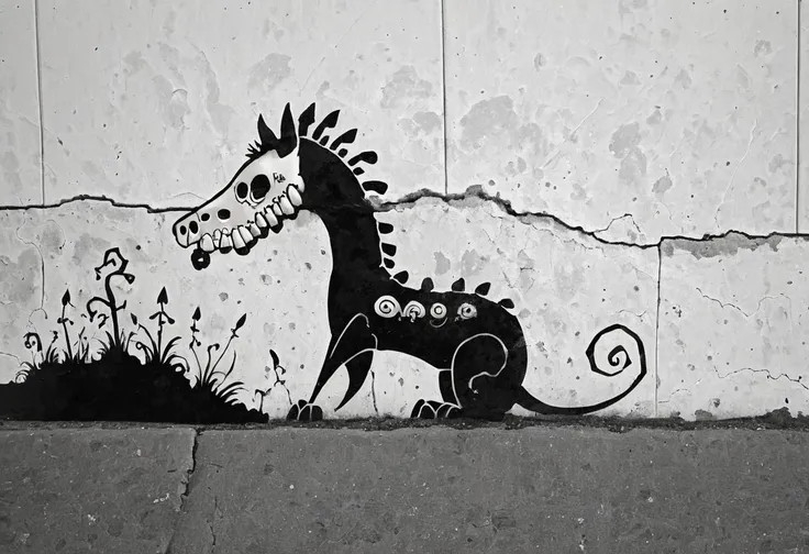 graffiti on a crumbling and cracked old wall with weather old paint of a black and white line drawing of a skelewag style, skelewag kelpie, <lora:Skelewags_Style_XL:1>