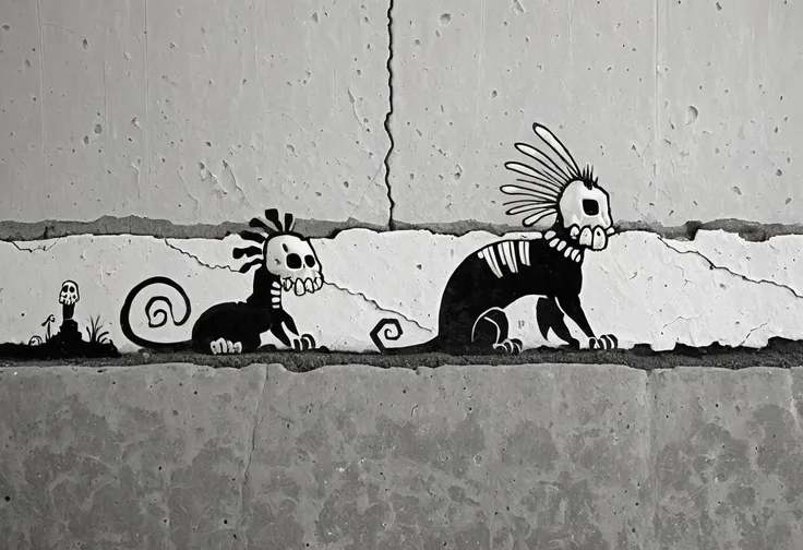 graffiti on a crumbling and cracked old wall with weather old paint of a black and white line drawing of a skelewag style, skelewag sphinx, <lora:Skelewags_Style_XL:1>