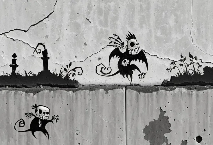 graffiti on a crumbling and cracked old wall with weather old paint of a black and white line drawing of a skelewag style, skelewag harpy, <lora:Skelewags_Style_XL:1>