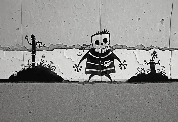 graffiti on a crumbling and cracked old wall with weather old paint of a black and white line drawing of a skelewag style, skelewag shellycoat, <lora:Skelewags_Style_XL:1>