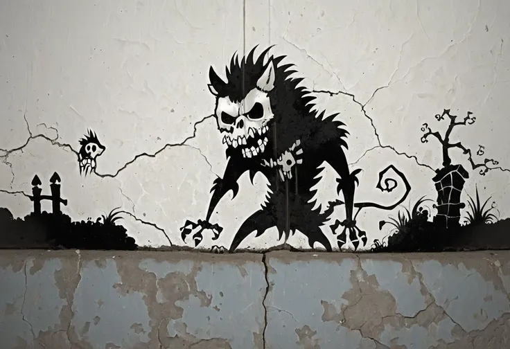 graffiti on a crumbling and cracked old wall with weather old paint of a black and white line drawing of a skelewag style, skelewag werewolf, <lora:Skelewags_Style_XL:1>