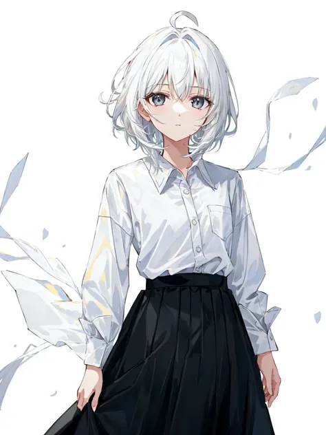 (1girl), (solo), (female focus), (ahoge, white hair, short hair), black eyes, ((white shirt), (buttoned shirt)), ((black skirt), (long skirt)), standing, white background,