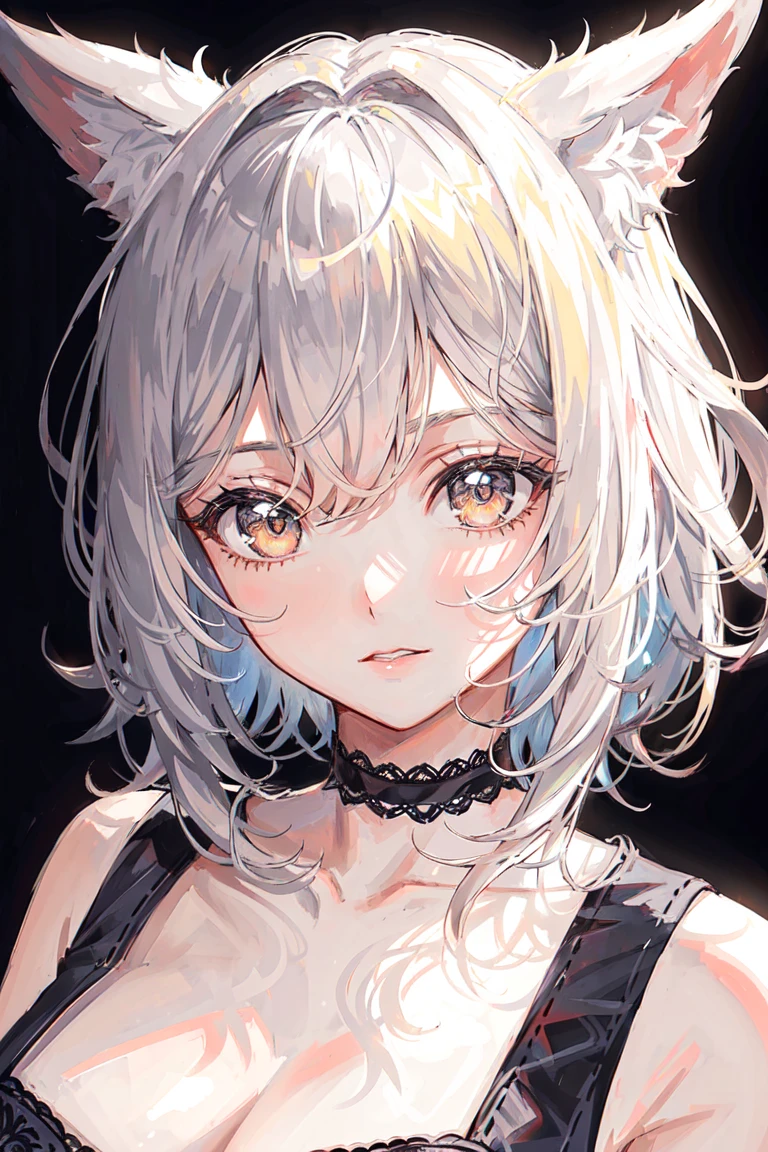 1girl, face, short hair, shaggy hair, black hair, fox ears, black bra, 3d background,
