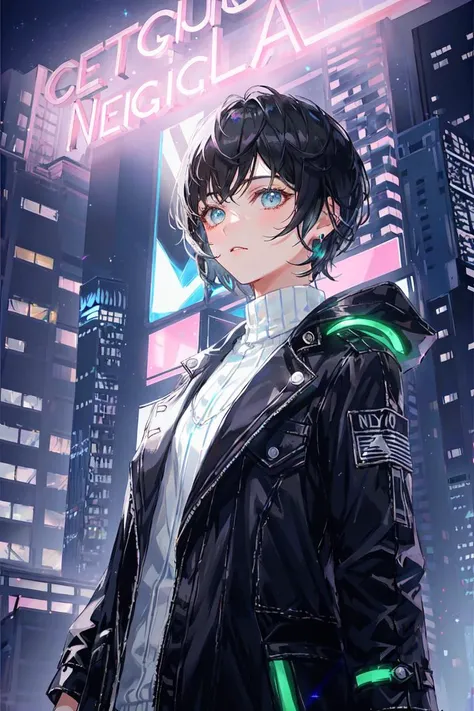 neon lights, upper body, 1girl, tomboy, short hair, pixie cut, black hair, long coat, 3d background, cyberpunk, city, night,