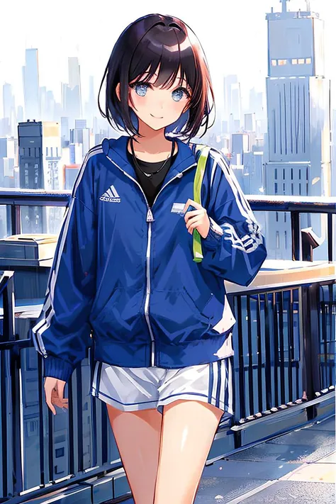 girl , short hair , blue eyes , sportswear , smiling , standing , cityscape in the background , planes visable from a distance<hypernet:sgqo1n:1>