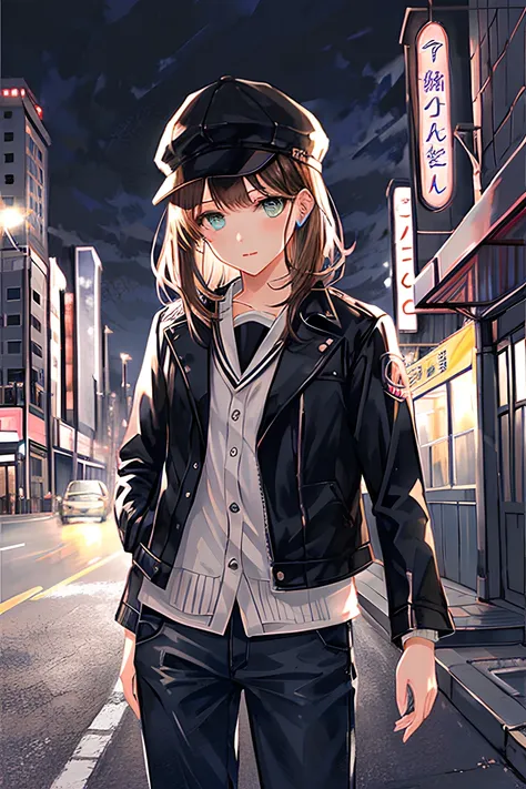 1girl , face,short hair, messy hair, ((brown hair)), leather jacket, leather pants, black hat,  rough looking, beat up, japanese school, neon lights , dystopia, night time, future<hypernet:sgqo1n:1>