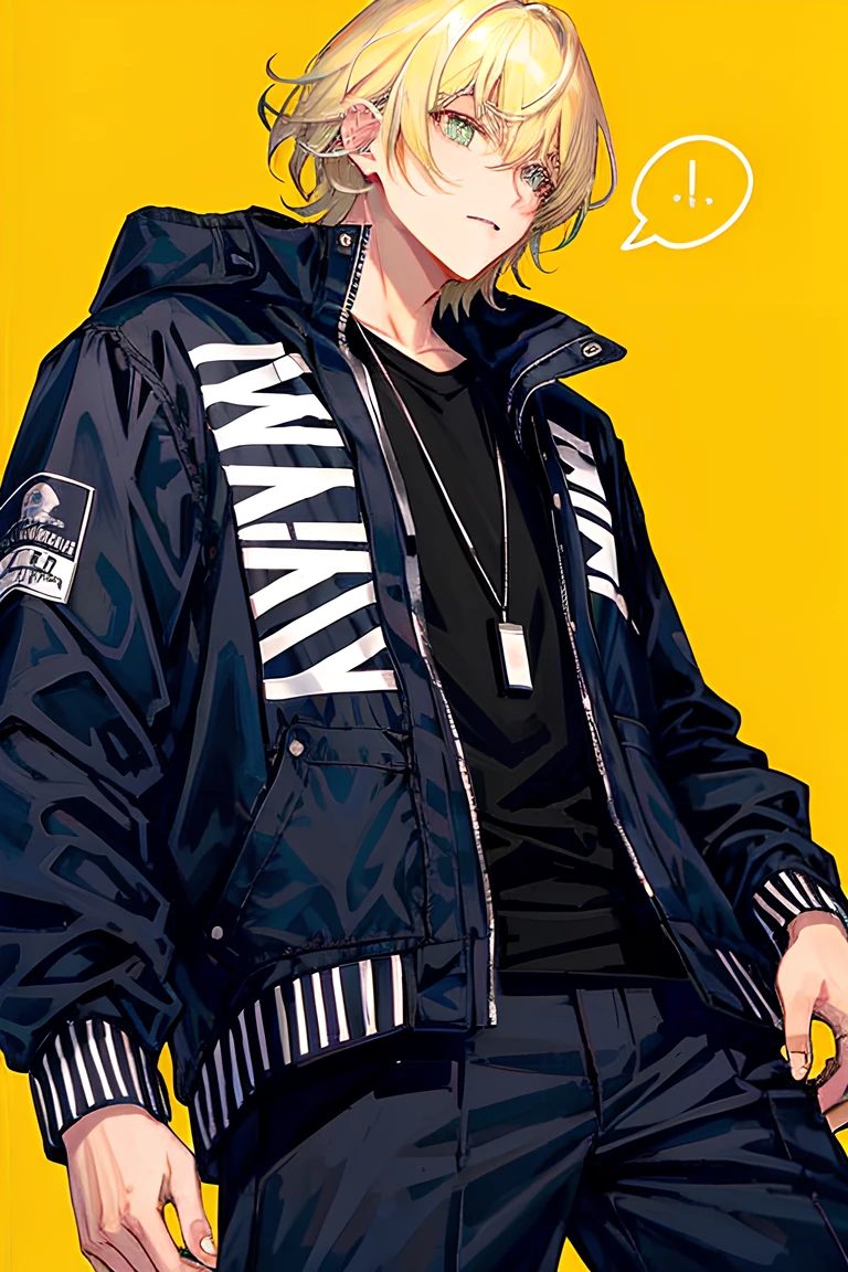 a man with blonde hair wearing a black jacket and black pants with words on it, and a yellow background<hypernet:sgqo1n:1>