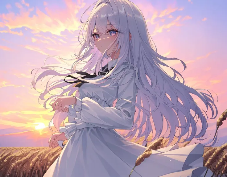 best quality, (ultra detailed:1.4), (professional photograph:1.4), extremely detailed girl, {1girl}, {solo}, {{{beautiful detailed hands}}}, illustration, {{cinematic light}}, ultra detailed, white hair, long hair, pink gradient, slightly curly hair, pinkish blue eyes, black seifuku dress, medium breasts, straight bangs swept to left, hair band, game ccg, looking to the side, wheat field, mist, violet sky, sunset