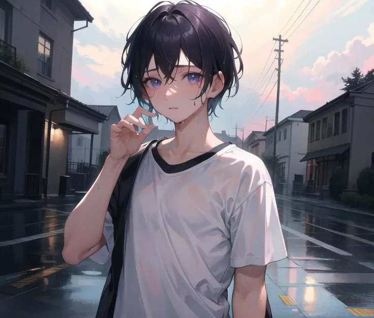 masterpiece, best quality, {best quality}, {{masterpiece}}, {highres}, {{depth of field}}, extremely detailed boy, illustration, solo, sharp focus, male focus, black hair, short hair, violet eyes, hair between eyes, flat chest, rain, water drop, looking up, absurdres, depressed, grey_sky, cloudy sky, t-shirt, wet clothes, wet hair, expressionless, outdoors,