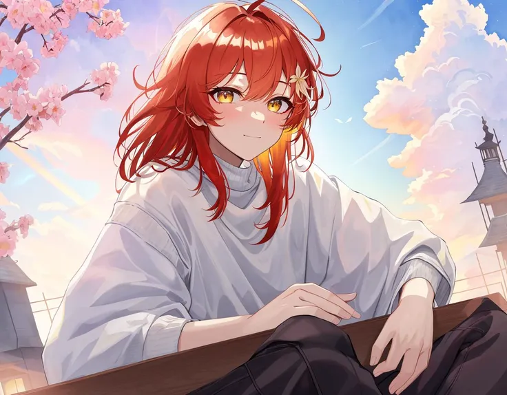 masterpiece,best quality,official art,extremely detailed CG unity 8k wallpaper, day, cloudy, sun, intense shadows, beautiful detailed sky, game_cg, artbook, highres, incredibly_absurdres, colorful, watercolor_(medium), boy, medium hair, red hair, ahoge, colored inner hair, crossed bangs, blunt bangs, flower hair ornament, light blush, cute face, gradient_eyes, light smile, yellow eyes, socks, male focus, miyabi_hanasaki