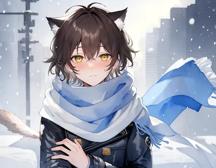 1boy, brown hair, yellow eyes, male focus, blue sky, day, coat, short hair, solo, brown jeans, grey sky, snowing, snow, cloudy sky, cat ears, cat tail, blue light, hair between eyes, watercolor on paper, beatiful and detailed, best quality, half-closed eyes, blush, scarf, pov, close to viewer, looking at viewer, {{{colored yellow eyes with greyscale background}}}, blushing, valentine's day, tsundere, soft smile, hugging viewer