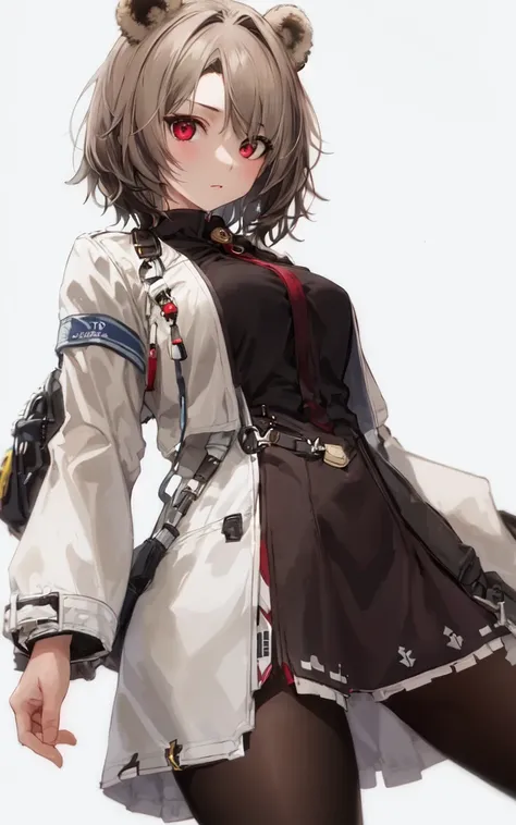 masterpiece,1girl,solo,looking at viewer, simple background,bear ears,short and brown hair,white coat,pantyhose, red eyes, straight-on,