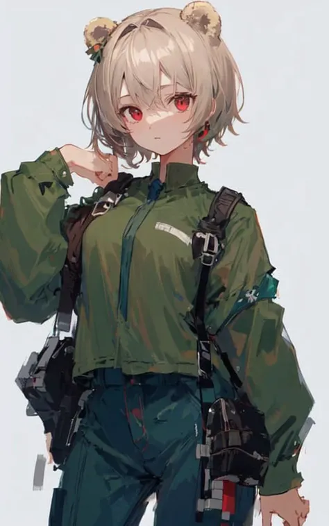 masterpiece,1girl,solo,looking at viewer, simple background,bear ears,short hair,green shirt,blue pants,red eyes