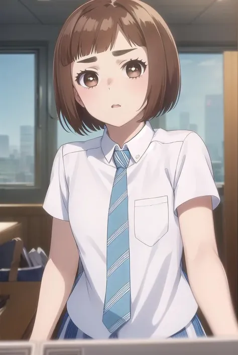 kazusaonodera, <lora:kazusa onodera s1-lora-nochekaiser:1>,
kazusa onodera, short hair, bangs, brown hair, (brown eyes:1.5), blunt bangs, bob cut, thick eyebrows,
BREAK skirt, shirt, school uniform, white shirt, short sleeves, necktie, striped, collared shirt, shirt tucked in, striped necktie,
BREAK indoors, classroom,
BREAK looking at viewer, (cowboy shot:1.5),
BREAK <lyco:GoodHands-beta2:1>, (masterpiece:1.2), best quality, high resolution, unity 8k wallpaper, (illustration:0.8), (beautiful detailed eyes:1.6), extremely detailed face, perfect lighting, extremely detailed CG, (perfect hands, perfect anatomy),