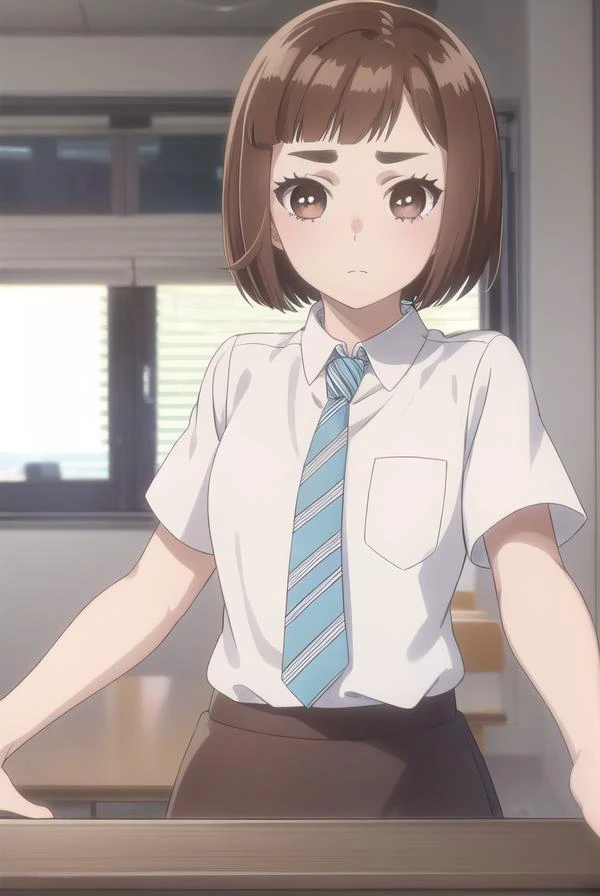 kazusaonodera, <lora:kazusa onodera s1-lora-nochekaiser:1>,
kazusa onodera, short hair, bangs, brown hair, (brown eyes:1.5), blunt bangs, bob cut, thick eyebrows,
BREAK skirt, shirt, school uniform, white shirt, short sleeves, necktie, striped, collared shirt, shirt tucked in, striped necktie,
BREAK indoors, classroom,
BREAK looking at viewer, (cowboy shot:1.5),
BREAK <lyco:GoodHands-beta2:1>, (masterpiece:1.2), best quality, high resolution, unity 8k wallpaper, (illustration:0.8), (beautiful detailed eyes:1.6), extremely detailed face, perfect lighting, extremely detailed CG, (perfect hands, perfect anatomy),