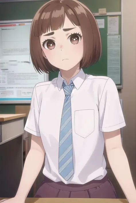 kazusaonodera, <lora:kazusa onodera s1-lora-nochekaiser:1>,
kazusa onodera, short hair, bangs, brown hair, (brown eyes:1.5), blunt bangs, bob cut, thick eyebrows,
BREAK skirt, shirt, school uniform, white shirt, short sleeves, necktie, striped, collared shirt, shirt tucked in, striped necktie,
BREAK indoors, classroom,
BREAK looking at viewer, (cowboy shot:1.5),
BREAK <lyco:GoodHands-beta2:1>, (masterpiece:1.2), best quality, high resolution, unity 8k wallpaper, (illustration:0.8), (beautiful detailed eyes:1.6), extremely detailed face, perfect lighting, extremely detailed CG, (perfect hands, perfect anatomy),