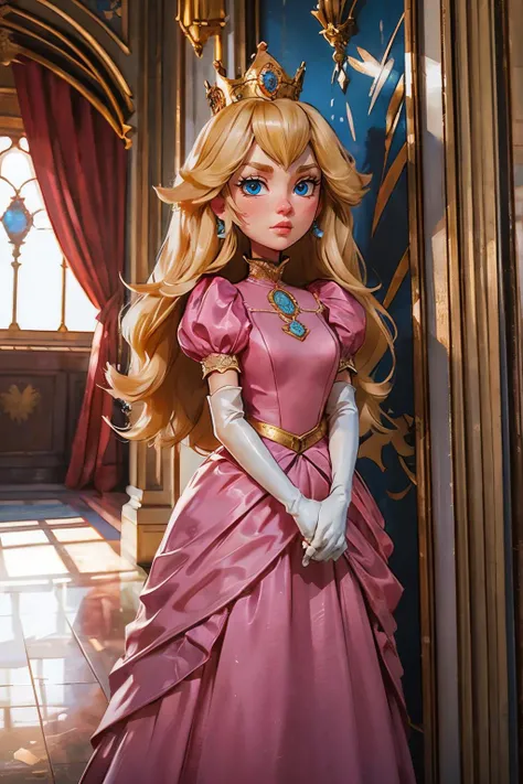 MPPeach, long blonde hair, blue eyes, gold crown, pink dress, white elbow gloves, looking at viewer, serious, standing, medium shot, inside castle, high quality, masterpiece, <lora:MPPeach:.7>