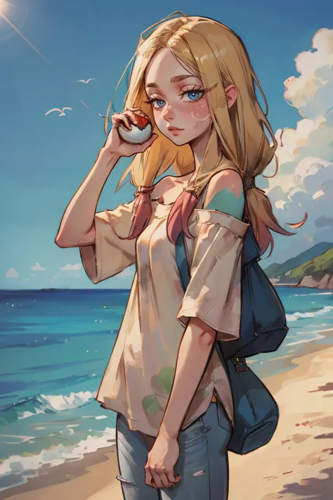mina, long blonde hair,blue eyes, eyelashes, half-closed eyes, facepaint, white oversized shirt, shoulder bag, off shoulder, short sleeves, torn pants, looking at viewer, serious, standing, holidn gpoke ball, outside, cliff, ocean, blue sky, high quality, masterpiece, <lora:Mina_Pokemon:.7>