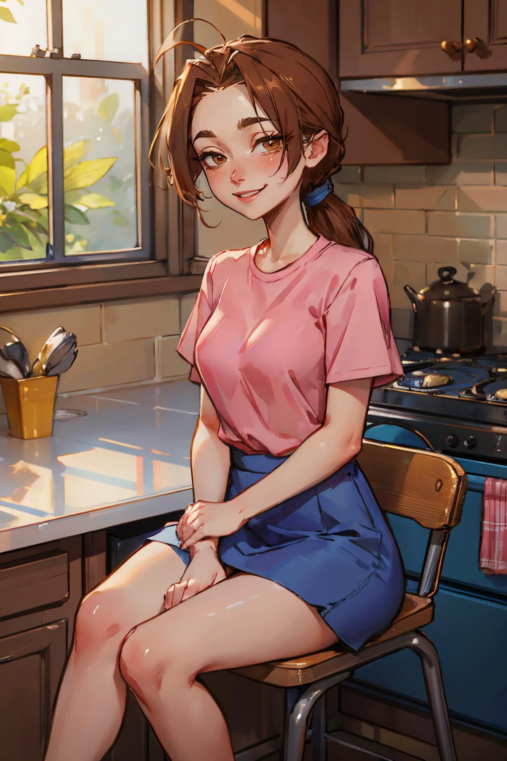 delia, brown eyes, brown hair, ponytail, ahoge, pink shirt, yellow shirt,blue skirt, looking at viewer, smiling, sitting, on chair, inside kitchen, oven, counter, soft lighting,high quality, masterpiece, <lora:PKMN_Delia-DEF:.7>