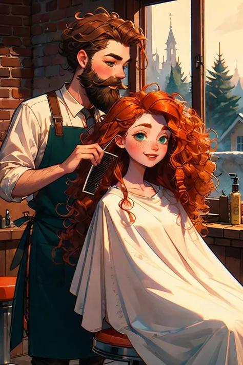 closeup, retro barbershop,two people, man with a beard,apron, holding comb, combing, girl in white cloth, sitting on swivel stool, window, mirror, portrait poster, faded red brick wall,high quality, masterpiece,<lora:girllikeretrobarbershop:.8>
merida, green eyes, long orange hair, curly hair, looking at viewer, smiling, happy, blush, <lora:MERIDA_V1:.7>