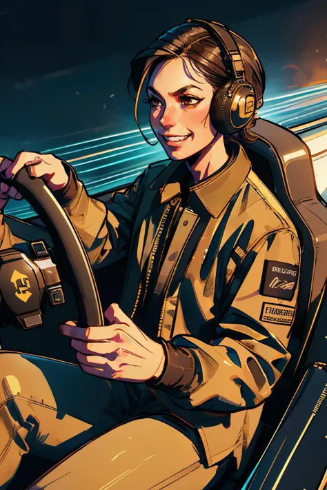 driving a formula 1, fingers on steering wheel, sitting, headset, speed lines, neon lighting, high quality, masterpiece, <lora:girllikeformularacing_v20:.8>
taliana, short hair, brown eyes, looking serious, grin, jacket, <lora:akira:.8> <lora:TalianaM1:.8>