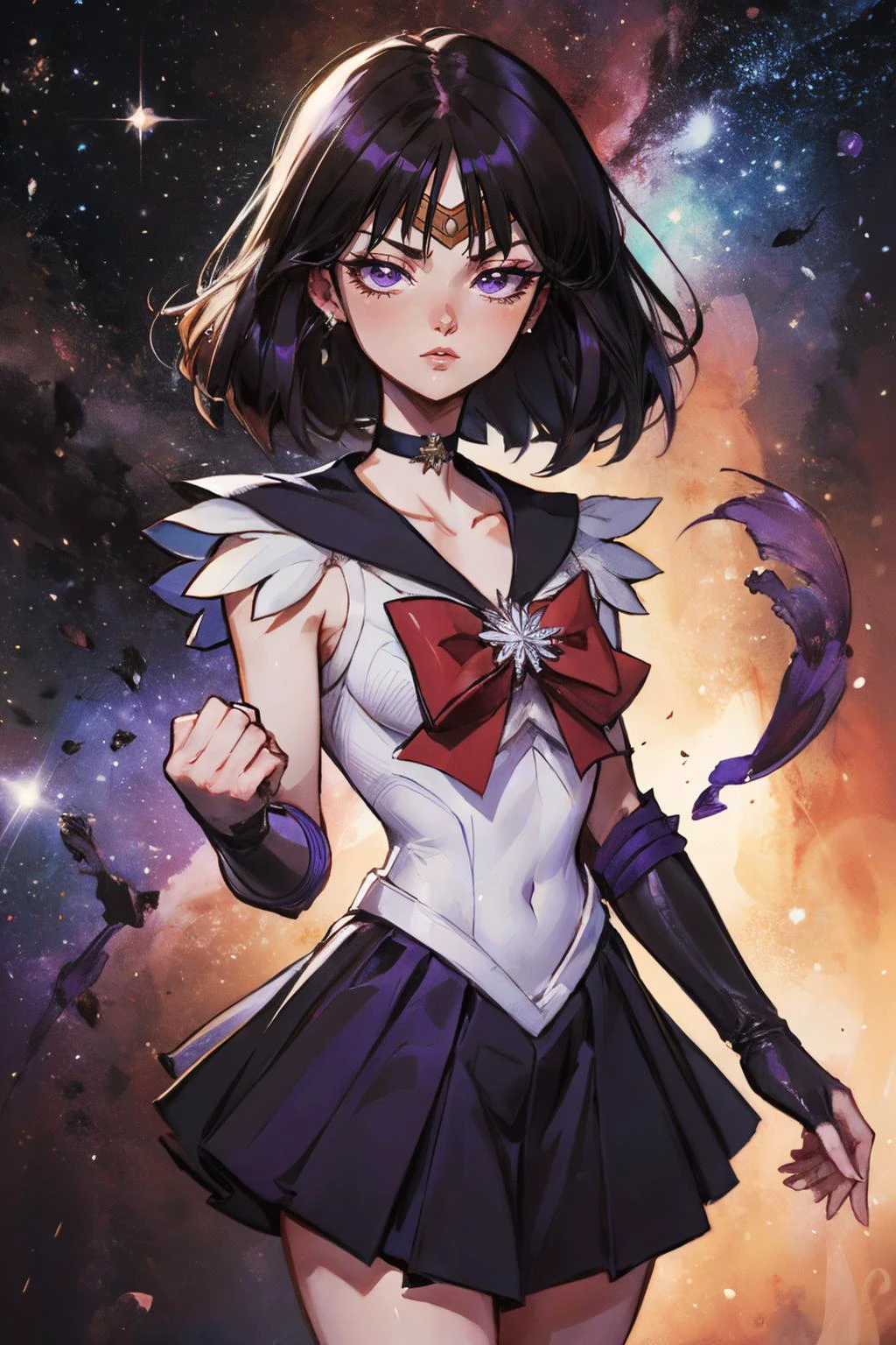 EPsmSailorSaturn, short black hair, purple eyes, choker, purple sailor senshi uniform, red bow, purple skirt, white elbow gloves, looking at viewer, serious, fighting pose, fists, space, stars, galaxy, high quality, masterpiece, <lora:EPsmSailorSaturn:.8>