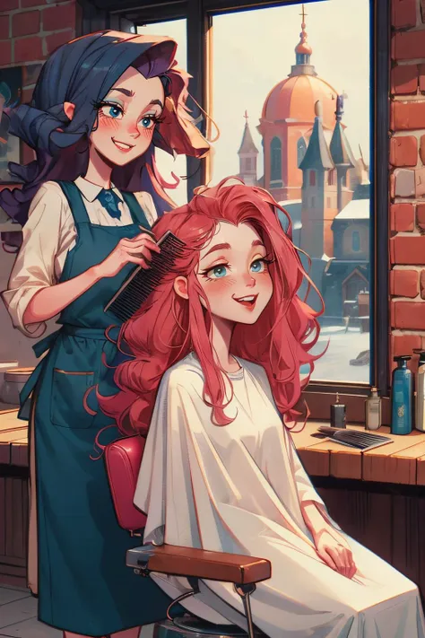 closeup, retro barbershop,two people, (a standing mature curly hair woman with apron holds a comb), combing, girl in white cloth, sitting on swivel stool, window, mirror, faded red brick wall,high quality, masterpiece,<lora:girllikeretrobarbershop:.8>
mlppinkie, long pink hair, blue eyes, looking excited, happy, blush, <lora:mlp_pinkiepie:.7>