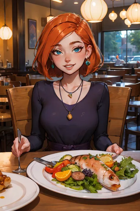 annpossible, short orange hair, blue eyes, purple dress,necklace, earrings, looking at viewer, smiling, happy, teeth, sitting, behind table, inside restaurant, table full of food, grilled fish, vegetables, romantic ambiance, high quality, masterpiece, <lora:annpossible:.8>