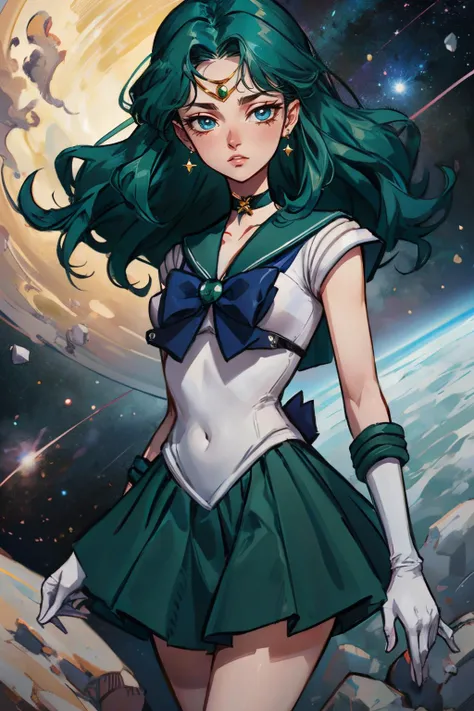 EPsmSailorNeptune, long green hair, blue eyes, circlet, earrings, choker, sailor senshi uniform, blue bow, green skirt, white elbow gloves, looking at viewer, serious, standing, fighting pose, space, stars, high quality, masterpiece, <lora:EPsmSailorNeptune:.8>