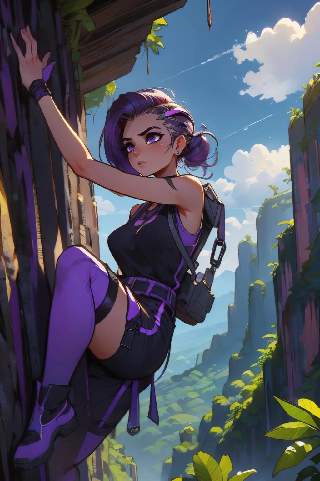 climbing, hands on cliff, sweat, sky, jungle, canyon, blue sky, high quality, masterpiece <lora:girllikefreesoloclimbing:.8>
sombra,purple hair,4 purple eyes, tan skin, black tank top, cargo pants, boots, harness, looking serious, blush, <lora:owsombrav2p:.6>