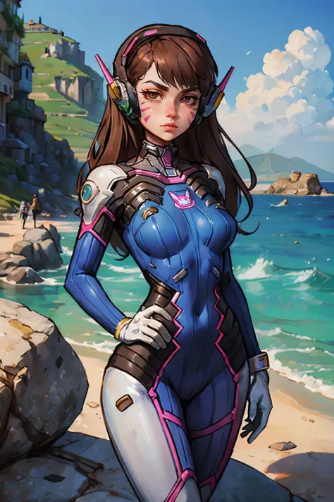 D.Va, facial mark, whisker markings, brown eyes, long brown hair, pilot suit, headphones, ribbed bodysuit, white gloves, looking at viewer, serious, standing, outside, ocean, high quality, masterpiece <lora:Dva-10:.6>