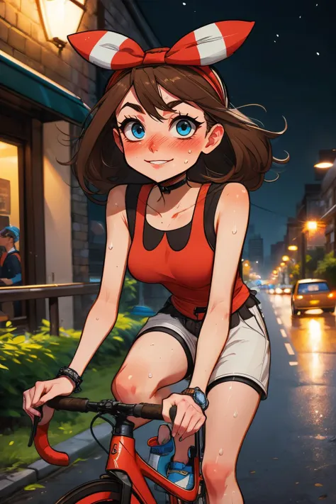 pkmnmay, blue eyes, brown hair, hair ribbon, red hairband,red tank top, white shorts, black bike shorts, bike shorts under shorts, bracelet, looking at viewer, serious, smiling, blush, sweating, riding road bike, holding handlebars, outside, city, street, night time, high quality, masterpiece,
<lora:PKMN_May_Gen6_v1:.9> <lora:girllikeroadbike:.8>