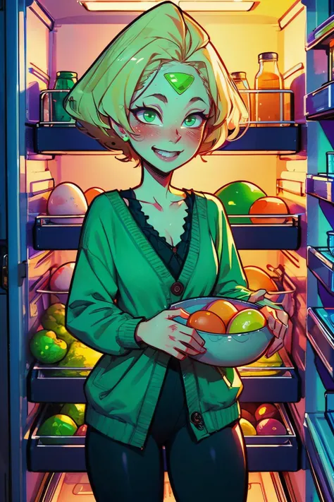 Peridot, colored skin, green skin, forehead jewel,green eyes, blonde hair, chiffon cardigan, leggings, looking at viewer,smiling, happy, blush, standing, holding bowl of eggs, refrigerator, neon lighting, high quality, masterpiece, <lora:girllikerefrigerator:.8> <lora:Peridot:.8>