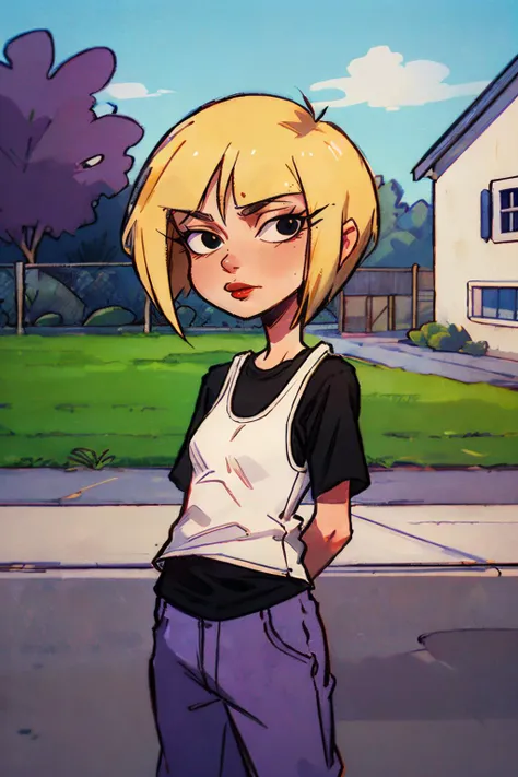 Nazz, short blonde hair, red lipstick, black eyes, white tank top, black undershirt, short sleeves, purple pants, loose clothes, looking at viewer, serious,standing, arms crossed, outside, neighborhood, fence, blue sky, high quality, masterpiece, <lora:Nazz:.8>