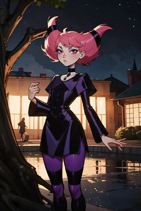 ((masterpiece,best quality)), absurdres, <lora:Jinx_TeenTitans:0.8>, Jinx_TeenTitans,   1girl, solo, pink eyes, pink hair, grey skin, hair up, pale skin, medium hair, hair horns, solo, smiling, looking at viewer, cowboy shot, china dress, pelvic curtain, side slit, double bun, bun cover, cleavage cutout, sleeveless, print dress, covered navel, no panties, outdoors, night, torii, shrine, east asian architecture, leaning forward, hand on own thigh, from above, smile,