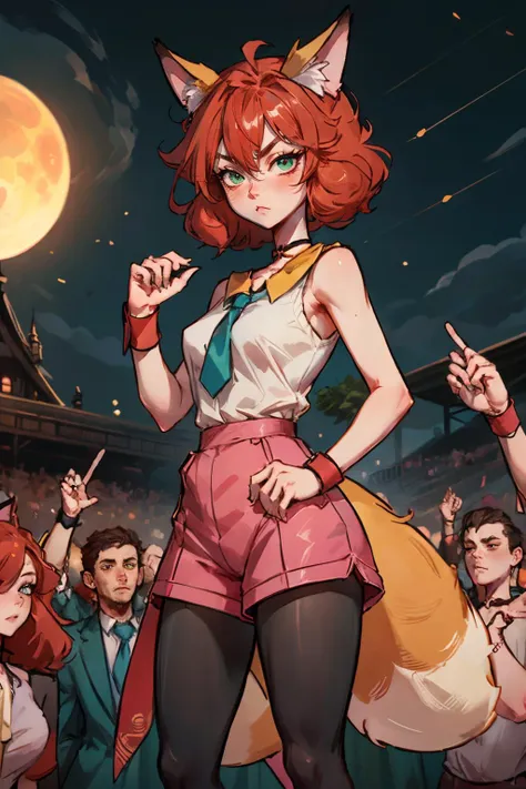 koto, animal ears, fox ears, green eyes, pink shorts, wristband, legwear under shorts, orange hair, black pantyhose, choker, whisker, shirt, sleeveless, necktie, looking at viewer, serious, standing, outside, fighting_stage, crowd, night time, high quality, masterpiece, <lora:koto:.8>