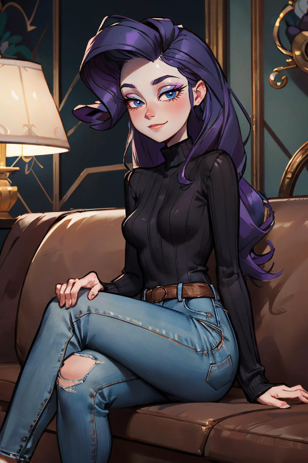 rarity, purple hair, blue eyes, eyeshadow, makeup, pale skin, black turtleneck sweater, jeans, looking at viewer, serious, smirk, sitting, legs crossed, on sofa, inside fancy living room, playful ambiance, high quality, masterpiece, <lora:mlp_rarity:.8>