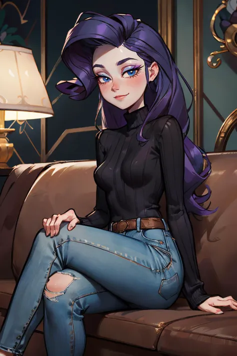 rarity, purple hair, blue eyes, eyeshadow, makeup, pale skin, black turtleneck sweater, jeans, looking at viewer, serious, smirk, sitting, legs crossed, on sofa, inside fancy living room, playful ambiance, high quality, masterpiece,  <lora:mlp_rarity:.8>