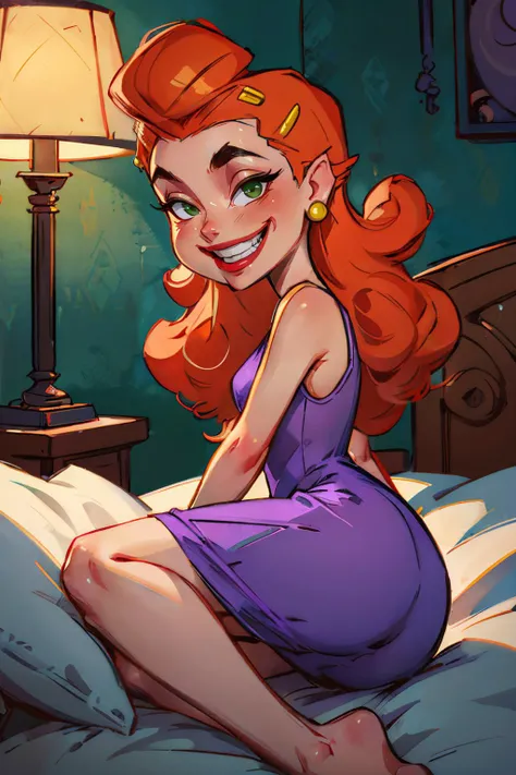 Gladys,long orange hair, hairclip, green eyes,red lipstick, small earrings, purple dress, sleeveless, looking at viewer, smiling, happy, standing, waving, inside cozy bedroom, lamp, soft lighting, high quality, masterpiece, <lora:Gladys:.8>