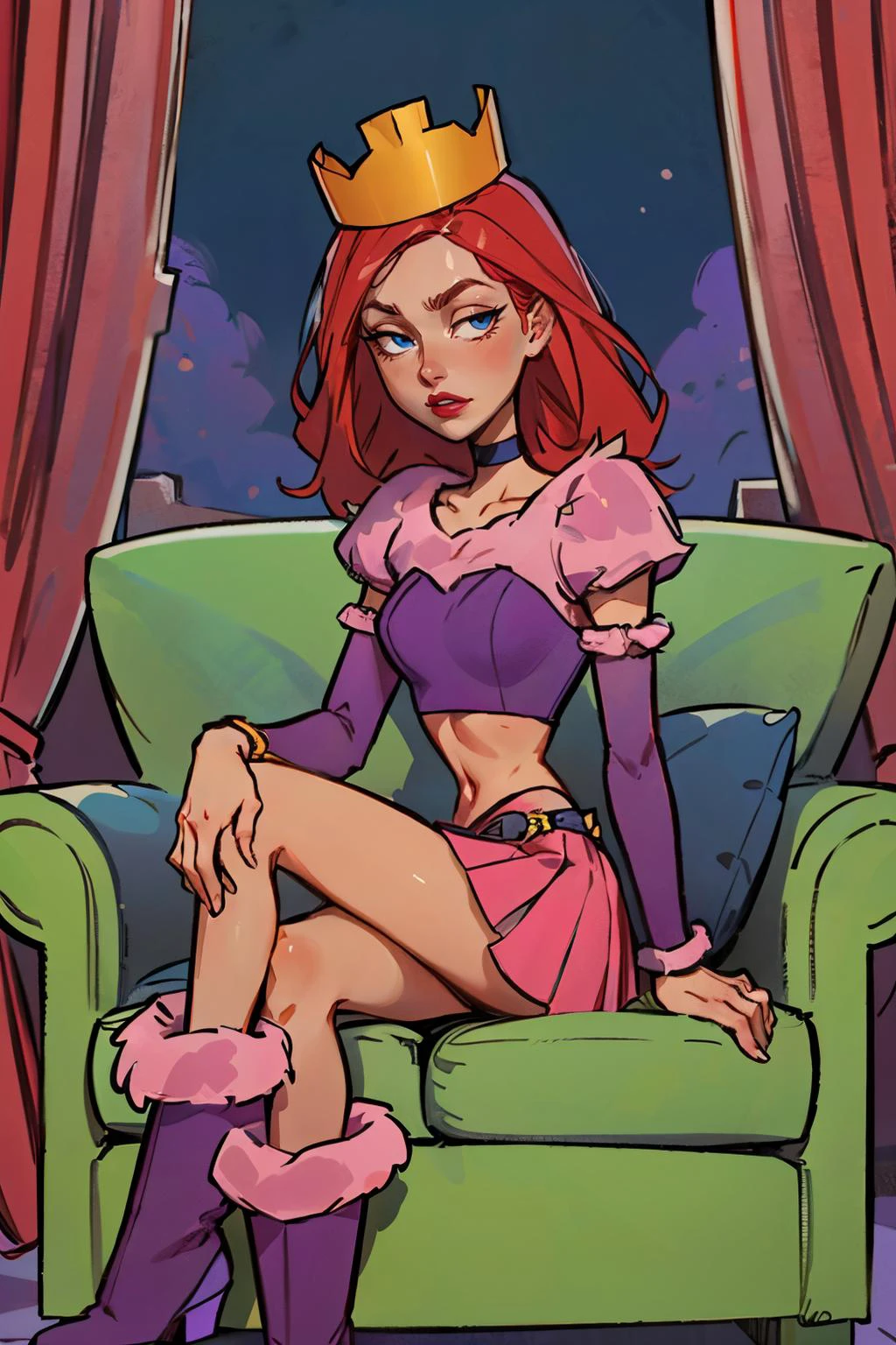 PrincessCandy, red hair, dark skin, red lipstick, blue eyes, crown, choker, pink skirt, midriff,purple crop top,fur trim, purple detached sleeves, boots, looking at viewer,serious, bored, sitting, on sofa, legs crossed, arms crossed, fancy living room, soft lighting, high quality, masterpiece, <lora:PrincessCandy:.6>