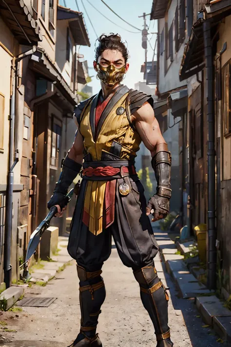 mkscorpion,man,black hair, single hair bun, mask, sleeveless, yellow japanese clothes, looking at viewer, serious, fighting pose, holding weapon, outside, city, alley way, sunny, high quality, masterpiece, <lora:ScorpionMK1:.8>