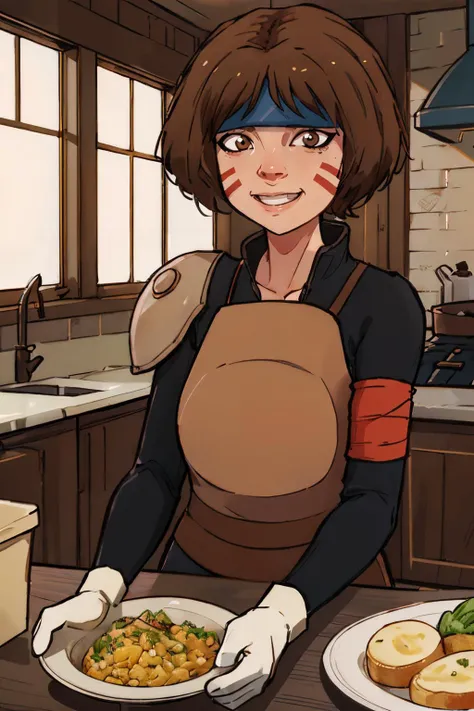 Smellerbee,short brown hair, facial mark, brown eyes, eyeliner,headband,white gloves, brown top, long sleeves, shoulder pad, red armband,looking at viewer, smiling, sitting, upper body shot, behind table, inside cozy kitchen, table full of food, rice, vegetables, high quality, masterpiece, <lora:Smellerbee:.8>